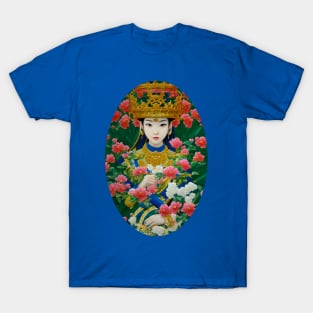 Vintage Style Abstract Asian Girl Surrounded by Beautiful Flowers T-Shirt